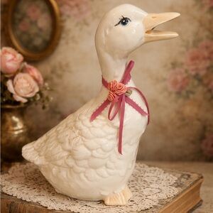 Vintage FW WOOLWORTH 9" Country Ceramic Goose Duck with Roses & Ribbon Bow Neck